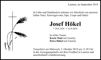 Traueranzeige von Josef Hökel von Gmünder Tagespost