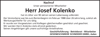 Traueranzeige von Josef Kolenko von Schwäbische Post
