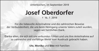 Traueranzeige von Josef Oberdorfer von Schwäbische Post