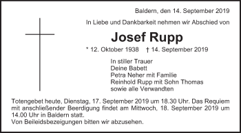 Traueranzeige von Josef Rupp von Schwäbische Post