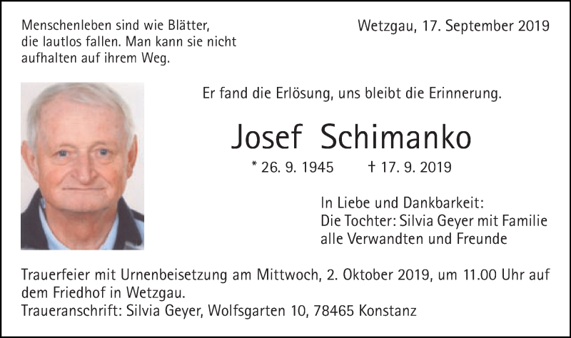  Traueranzeige für Josef Schimanko vom 27.09.2019 aus Gmünder Tagespost
