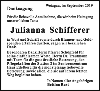 Traueranzeige von Julianna Schifferer von Gmünder Tagespost