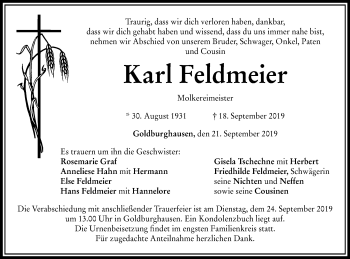 Traueranzeige von Karl Feldmeier von Schwäbische Post