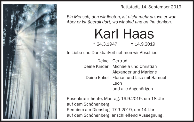  Traueranzeige für Karl Haas vom 16.09.2019 aus Schwäbische Post