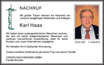 Traueranzeige von Karl Haas von Schwäbische Post