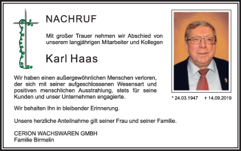 Traueranzeige von Karl Haas