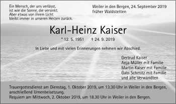 Traueranzeige von Karl-Heinz Kaiser von Gmünder Tagespost