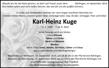 Traueranzeige von Karl-Heinz Kuge von Schwäbische Post