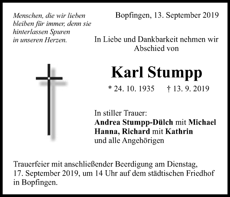  Traueranzeige für Karl Stumpp vom 14.09.2019 aus Schwäbische Post