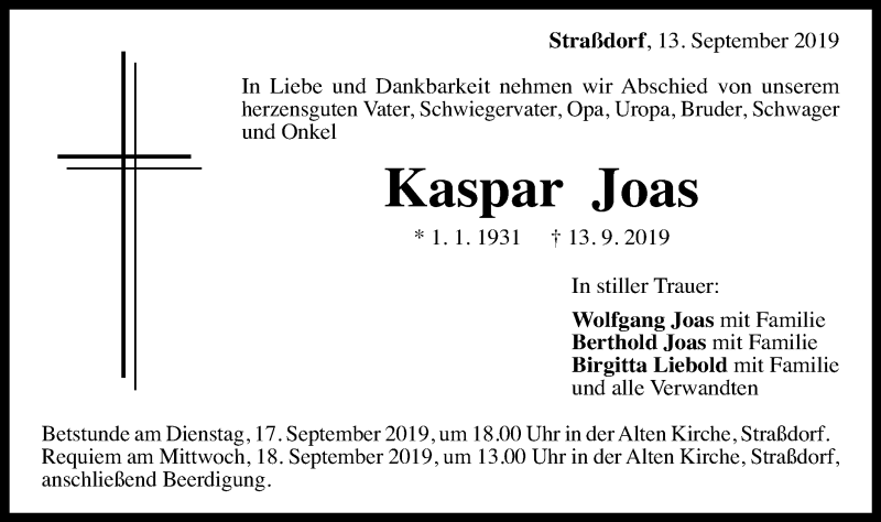  Traueranzeige für Kaspar Joas vom 17.09.2019 aus Gmünder Tagespost