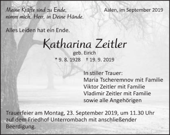 Traueranzeige von Katharina Zeitler von Schwäbische Post