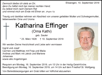 Traueranzeige von Katharina Effinger Effinger von Schwäbische Post