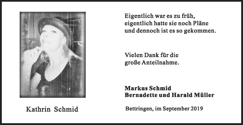  Traueranzeige für Kathrin Schmid vom 06.09.2019 aus Gmünder Tagespost