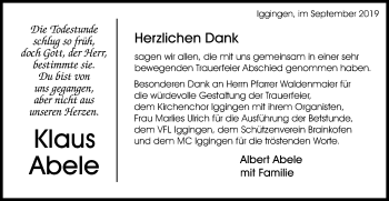 Traueranzeige von Klaus Abele von Gmünder Tagespost