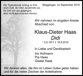 Traueranzeige von Klaus-Dieter Haas von Gmünder Tagespost