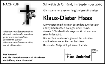 Traueranzeige von Klaus-Dieter Haas von Gmünder Tagespost