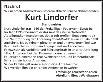 Traueranzeige von Kurt Lindorfer von Schwäbische Post
