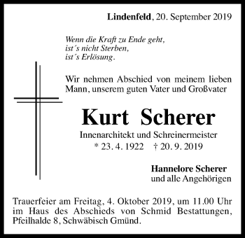 Traueranzeige von Kurt Scherer von Gmünder Tagespost