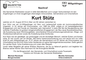 Traueranzeige von Kurt Stütz von Gmünder Tagespost