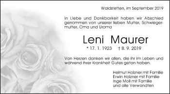 Traueranzeige von Leni Maurer von Gmünder Tagespost