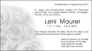 Traueranzeige von Leni Maurer