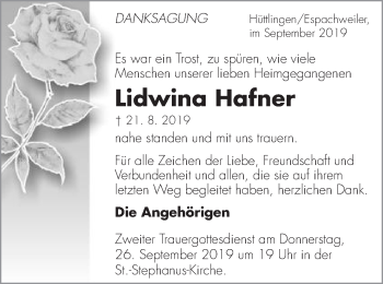 Traueranzeige von Lidwina Hafner von Schwäbische Post