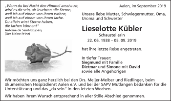 Traueranzeige von Lieselotte Kübler von Schwäbische Post