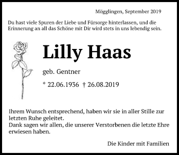 Traueranzeige von Lilly Haas von Schwäbische Post