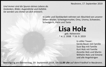 Traueranzeige von Lisa Holz von Schwäbische Post