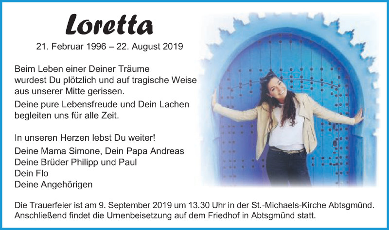  Traueranzeige für Loretta Lindner vom 04.09.2019 aus Schwäbische Post