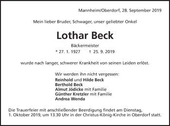 Traueranzeige von Lothar Beck von Schwäbische Post