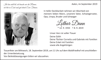 Traueranzeige von Lothar Dann von Schwäbische Post