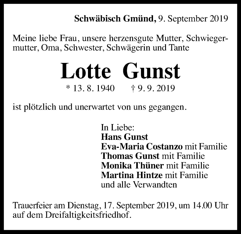  Traueranzeige für Lotte Gunst vom 12.09.2019 aus Gmünder Tagespost