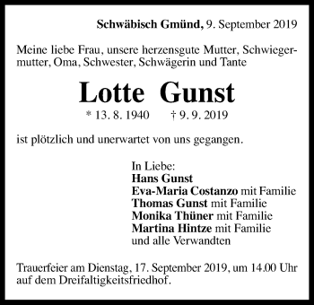 Traueranzeige von Lotte Gunst von Gmünder Tagespost