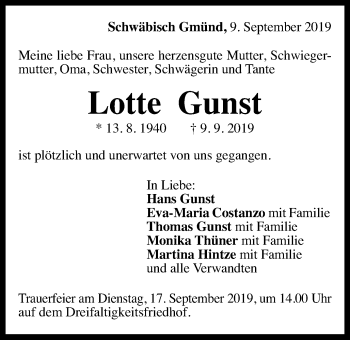 Traueranzeige von Lotte Gunst