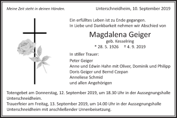 Traueranzeige von Magdalena Geiger von Schwäbische Post