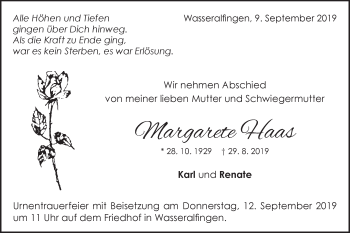 Traueranzeige von Margarete Haas von Schwäbische Post