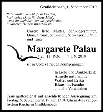 Traueranzeige von Margarete Palau von Gmünder Tagespost