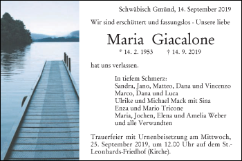 Traueranzeige von Maria Giacalone von Gmünder Tagespost
