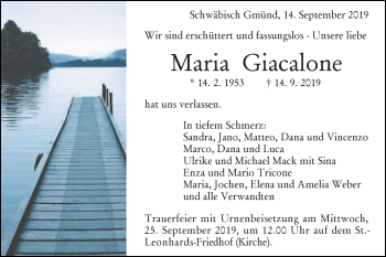 Traueranzeige von Maria Giacalone