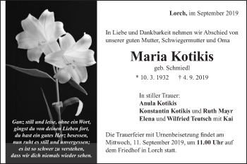 Traueranzeige von Maria Kotikis von Gmünder Tagespost