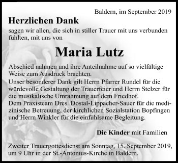 Traueranzeige von Maria Lutz von Schwäbische Post