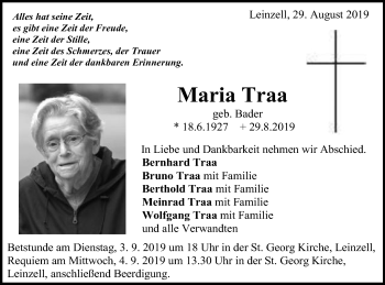 Traueranzeige von Maria Traa von Gmünder Tagespost
