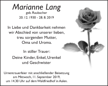 Traueranzeige von Marianne Lang von Schwäbische Post