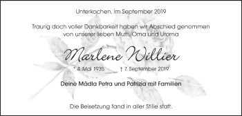 Traueranzeige von Marlene Willier von Schwäbische Post