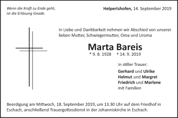 Traueranzeige von Marta Bareis von Gmünder Tagespost