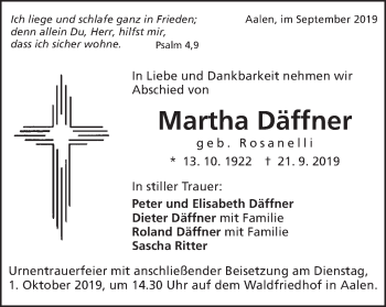 Traueranzeige von Martha Däffner von Schwäbische Post