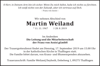 Traueranzeige von Martin Weiland von Gmünder Tagespost