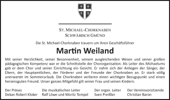 Traueranzeige von Martin Weiland von Gmünder Tagespost