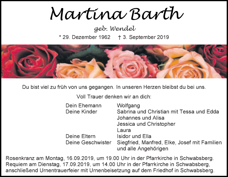  Traueranzeige für Martina Barth vom 12.09.2019 aus Schwäbische Post